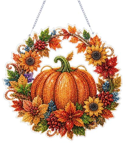 Skeadex 5D Diamond Painting Herbst Anhänger, Kürbis Diamont Painting Fensterbilder mit Sonnenblume Ahornblatt, Diamant Malerei Bilder Diamond Painting Halloween Herbst Basteln für Tür Fenster Wand (A)