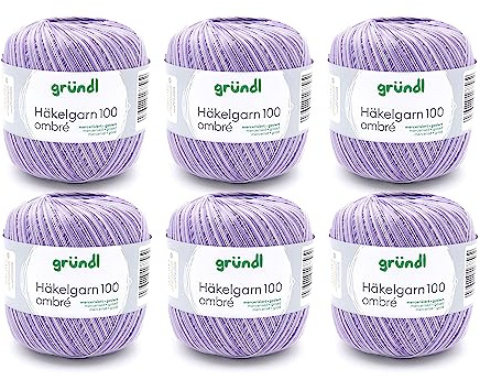 Gründl Häkelgarn 100 ombré (mercerisiertes Baumwollgarn zum Häkeln aus 100% Baumwolle, 100 g / 566 m, Nadelstärke: 1,5-2, 6 x 100 g), Lavendel