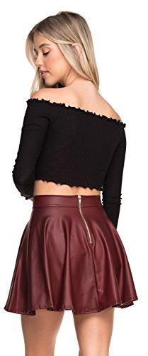 Cemi Ceri Women’s Faux Leather Mini Skater Skirt – High Waist Flared A-Line Clubwear with Zipper Back, Stretchy Party & Night Out Skirt, Burgundy, Small