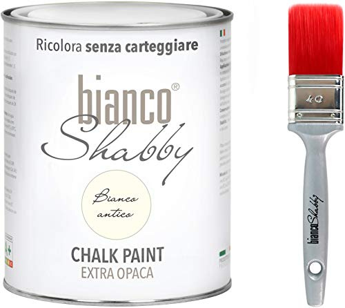 Chalk Paint Antik Weiß & Pinsel - Shabby Chic Vintage Extra Matt (1 Liter) + Professioneller Pinsel (40 mm)