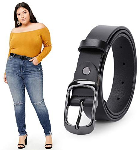 JASGOOD Women Black Large Leather Belt Plus Size Polished Buckle for Jeans Pants