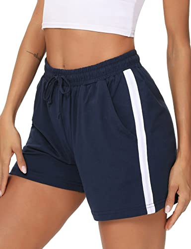 Litherday Shorts Damen Sportshorts Kurz Hosen Streifen Jogginghose Sommer Traininghose mit Taschen Elastischer Bund und Atmungsaktive Shorts zum Fitness, Running, Gym, Basketball, Navy blau, XL