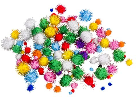 Pom poms | Glitter | Pack of 100 | Assorted Colours | Craft pom poms