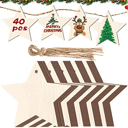 40 Stück DIY Weihnachtsdekoration Holz,Weihnachten Holzanhänger,Geschenkanhänger Weihnachten Holz,Schneeflocken Holz zum Bemalen