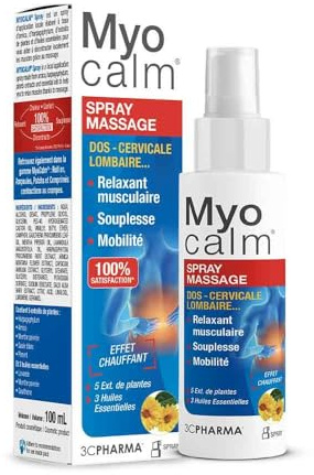 MYOCALM Spray für Muskeln, entspannend, für Rücken, Lenden, Nacken und Waden, Formel mit 4 Pflanzenextrakten und 3 beruhigenden ätherischen Ölen, 100 ml 3C PHARMA