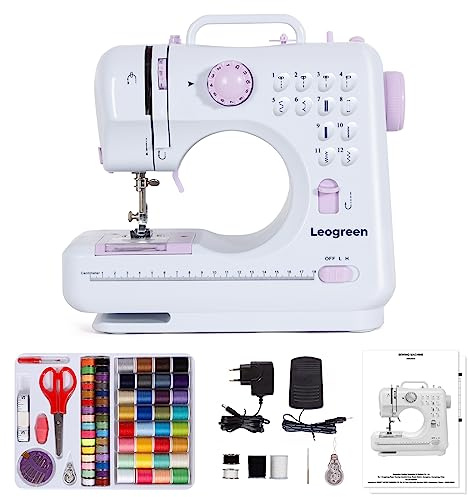 Leogreen Macchina per Cucire Automatica con 12 Operazioni di Cucito, Macchina Cucire Portatile, per Principianti e Bambini, Pedale e Kit da Cucito (Viola)