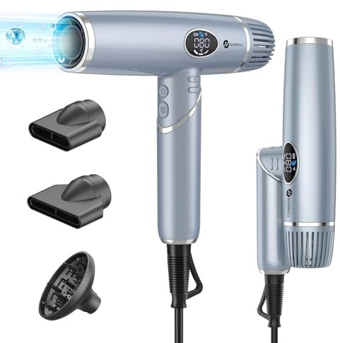 Slopehill Ionen Haartrockner 2000W Professioneller Föhn, Leicht und Faltbar/Wenig Lärm/Magnetischer Diffusor/Extra lange Kabel/LCD-Anzeige für Hause, Salon und Reisen (blau)