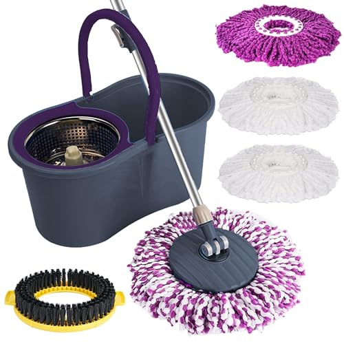 Spin Bucket Mop and Bucket Set 360° Spin Mop Telescopic Handle Floor Mop for Home Cleaning with 4 Reusable Microfiber Pads Wet and Dry (Grey)