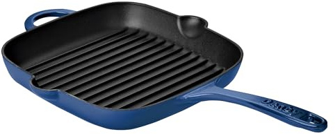 Denby - Cobalt Blue Cast Iron Griddle Pan 25cm - Enamelled, Non Stick Saute Frying Pan - Dishwasher & Oven Safe Cookware - Suitable for All Hob Types, Induction, Gas, Electric - PFAS Free