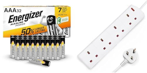 Energizer AAA Batteries, Alkaline Power, Triple A Battery Pack & DESIRETECH White Electric Extension Lead 4 Gang 2 Metre | 2m Long Cable