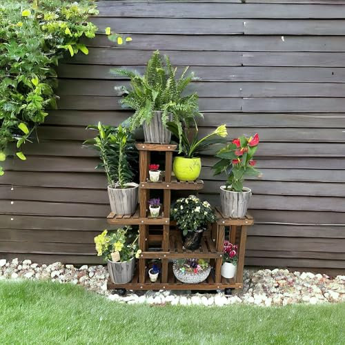 VEHER Soporte para plantas de madera de pino de 6 pisos, color nogal, ruedas con bloqueo + mini juego de jardinería