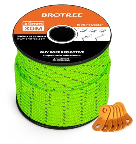 Brotree Campingrep 4mm 30m Reflekterande Tältspännlinor Vindtät Tält Guide Rep med 6 St Aluminiumspännare för Camping Tent Markis Gazebo (Neongrön)