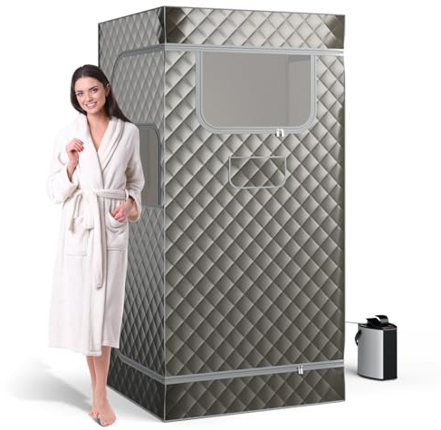 COSTWAY 3L Sauna de Vapor, Tienda de Sauna Completa con Generador de Vapor, Control Remoto, Masajeador de Pies y Silla Plegable, Tienda de Sauna Ligera para Una Persona, 91 x 91 x 183 cm (Plata gris)