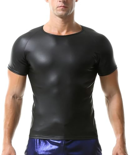 QiaTi Herren Leder Tank Top Leder Kurzarm Shirt Riemen Kragen Herren Kunstleder Weste Unterhemden für Rave Dance