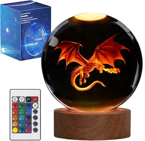 POSSHE Luce notturna a forma di drago, sfera di cristallo 3D da 3,15 pollici (80 mm) con telecomando, 16 colori, per compleanno, Natale, figure cool, regali per la decorazione della stanza, per