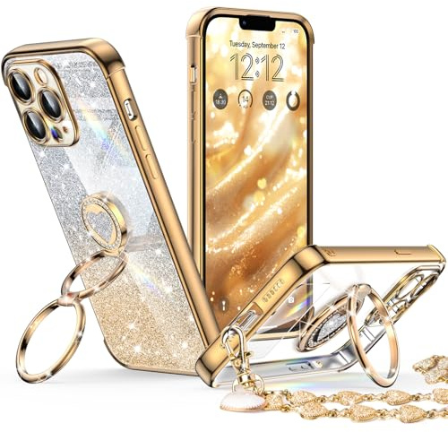 XYZ for iPhone 12 Pro Case with Stand, Phone Case with Double Ring Kickstand, Women Girls Bling Luxury Glitter Clear Phone Case Cover Heart for iPhone 12 Pro, Gold