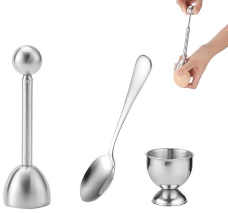 Lonwiner 3 x Eierschneider aus Edelstahl, Eierschalenöffner, Eierschalenöffner für harte und weiche Eier, 1 x Eierbecher + 1 x Eierlöffel