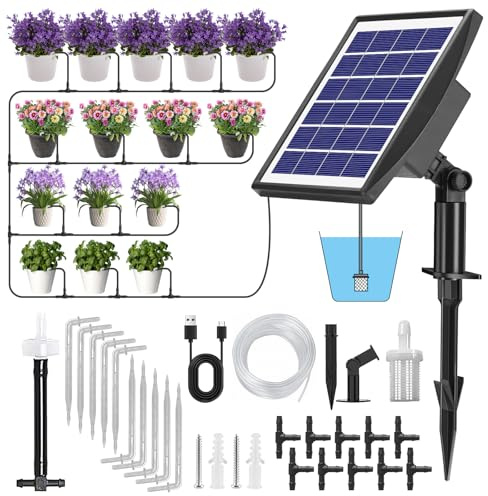 Solar Bewässerungssystem, Automatische Bewässerungssystem Garten, Selbstbewässerungsgeräte mit Timer, Tröpfchenbewässerung System, 15 M Schlauch, für Garten, Balkon Pflanzen, Kübelpflanzen im Freien