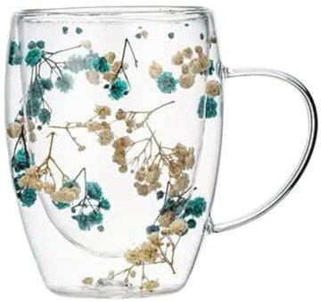 LUYSGBXR Taza de café con flores secas de doble pared de vidrio con asa, resistente al calor, tazas de té, café, café expreso, taza de leche, regalo creativo, 350 ml (azul)