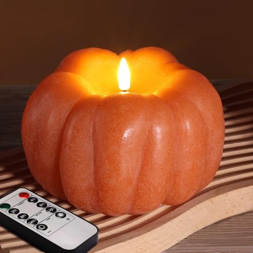 Burnt Orange Pumpkin Fall Flameless LED Candle with Remote, Halloween Decor