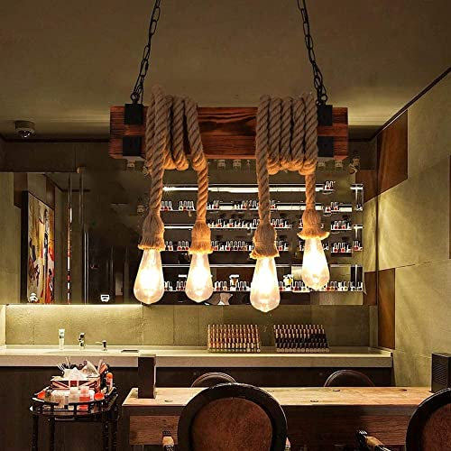 BLOOHK Lampada a Sospensione Industriale a 4 luci, lampadario a Trave in Legno con Corda di Canapa Rustica, apparecchio a Sospensione Vintage per Cucina a Isola, Sala da Pranzo, Bar