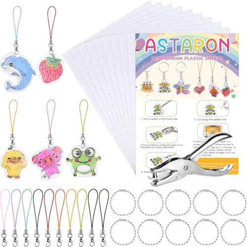 ASTARON Printable Shrinking Plastic Sheets Kit, 10 Pcs A4 Size Blank Heat Shrinking Film Art Paper, Hole Punch and 40 Lanyards, Shrink Keychain Jewelry Making Accessories Craft Supplies