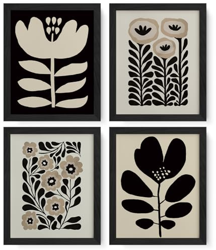 JXREQ Vinatge Boho Abstract Matisse Floral Wall Art, Mid Century Modern Abstract Black and Beige Floral Wall Decor for Home Kitchen Bedroom Bathroom Living Room, 8x10 Inch Unframed 4Pcs