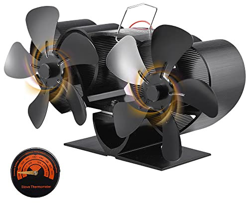 Pissente Dual Motor Efficiency Wood Stove Fan, Quiet Operations Heat Powered Non - Electric Fireplace Fan, Fuel Saving Design Stove Thermometer for Wood Burning Pellet Log Burner