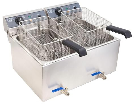 Friteuse commerciale double avec robinet de vidange – Grande friteuse électrique avec paniers et couvercles, contrôle de la température en acier inoxydable pour restaurants et traiteurs