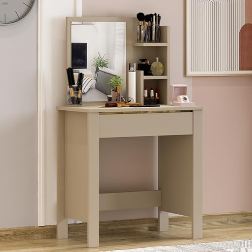 Homidea GUPSE Schminktisch - Kosmetiktisch mit Spiegel und Regal – Kompakter Frisiertisch mit Schublade – 72x40x124 cm für Schlafzimmer und Jugendzimmer (Beige)