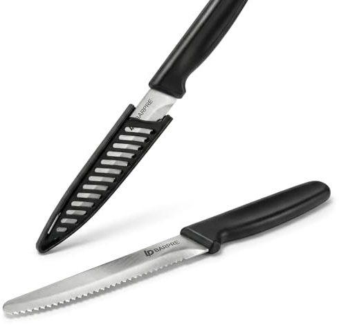 Barpre Serrated Tomato Knife Set of 2, 11cm Ultra-Sharp High-Carbon Steel Utility Knives with Protective Sheath, Lightweight Ergonomic PP Handle for Fruit, Bread & Steak, Dishwasher Safe Black