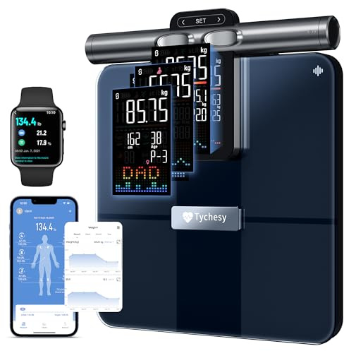 Tychesy Körperfettwaage mit Handsensoren, 8 Elektroden Digitale Waage mit Körperfett und Muskelmasse, BMI, und 50+ Körpermesswerte, Personenwaage mit Körperfettanalyse, Vollfarb-Display am Griff,180kg