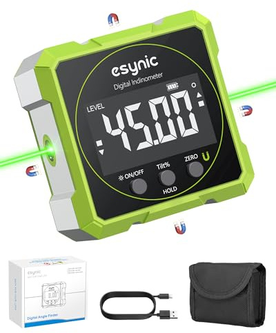 eSynic Inclinomètre Numérique avec Laser Vert 4 Faces Magnétiques Écran LCD VA Mesureur d'Angle Numérique 4*90° Réversible Réinitialisable Étanche IP54 Inclinomètre Magnétique pour Menuiserie Bâtiment