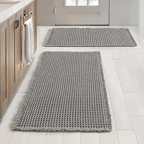 Naapesi Juego de 2 Alfombras de Baño Antideslizantes de Microfibra Súper Absorbente, Textura Nido de Abeja Suave, Secado Rápido, Lavables a Máquina, para Bañera, WC o Baño, Gris (51×81 cm + 61×92 cm)