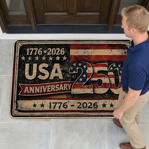 HNCSYYKJ 250 Anniversary USA Doormats, Patriotic Vintage USA 250th Red Non-Slip Dirt Trapper Door Mat for Floor for House Office Inside Outside Entrance Decor (003)
