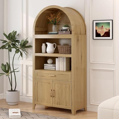 BYCCZMGAD Gewölbte Vitrine, 166 cm Vitrine mit Schubladen, Küchenschrank mit Holztüren und Schubladen, im mittelalterlichen Stil, geeignet für Wohnzimmer, Flur und Büro, Naturholzfarbe (Stil 1)