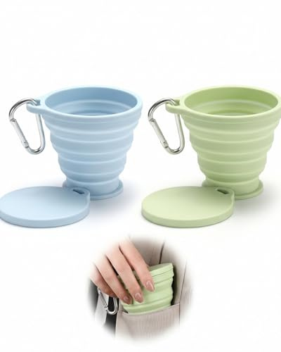 YIPFEN Gobelet pliable silicone, Lot de 2x 180ml (Bleu/Vert) – Étanche, Réutilisable, Sans BPA & Portable pour Voyages, Camping, Randonnée & Bureau