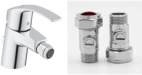 GROHE Eurosmart – Bidet Tap with Ball Joint and Pop-Up Waste Set (Metal Lever, 35 mm Ceramic Cartridge, Maximum Flow Rate at 3 Bar: 5 l/min), Chrome, 32929002 & UK Tap Adaptors 129473