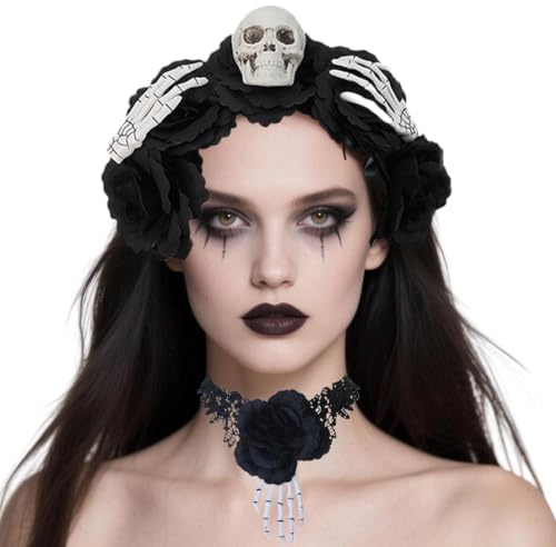 Serre-Tête Gothique Collier Ras De Cou Halloween Noir Vintage Avec Crâne