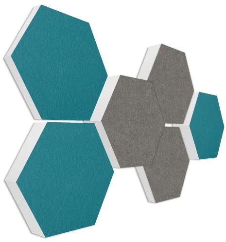 platino24 Schallabsorber COLORE aus Basotec G+ I Akustikpaneele mit Akustikfilz I 3D Wand-Paneele mit 6 Waben in Petrol & Granitgrau I Akustikplatten zur Schalldämmung in Büro, Studio & Wohnung