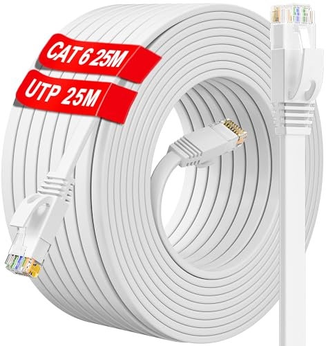 Ethernet Cable 25m, Cat 6 Internet Cable 25m High Speed, Flat White RJ45 Network Cable 250MHz 1000Mbps, Gigabit Long UTP 25 metre LAN Cable Patch Outdoor Indoor for Router Switch Modem PC (25 Clips)