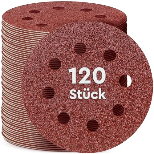 EffektWerk Schleifscheiben (120er-Pack, 8 Löcher), 125 mm Schleifpapier mit mehreren Körnungen (40, 60, 80, 120, 180, 240)