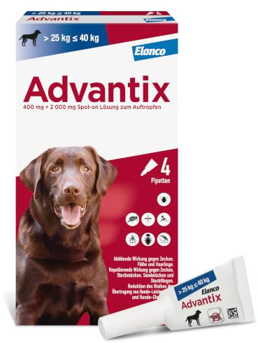 Advantix Spot-on für Hunde 25-40 kg gegen Zecken, Flöhe, Mücken, 4 Pipetten | Wehrt Zecken, Mücken & Stechfliegen ab, bevor sie stechen. Tötet Flöhe schnell ab. Idealer Reiseschutz für deinen Hund.