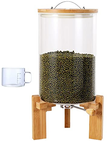 BOVDC Rice and Cereal Dispenser, Food Grain Storage Container with Airtight Lid, Kitchen Rice Bucket Dispenser for Bean and Other Small Grain, 5/7.5L, Glass Measuring Cup+stand