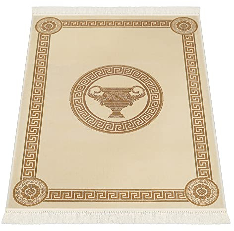 Premium Teppich Wohnzimmer Schlafzimmer Wohnzimmerteppich Kurzflor griechisches Mäander Amphore Muster in beige gold - mit Fransen weich rutschfest Seidenglanz 100% Viskose - beige, 200x280 cm