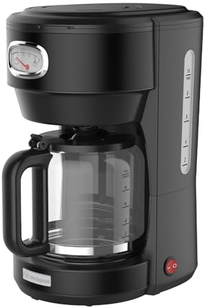 Westinghouse WKCMR621BK kaffemaskin retrodesign, filterkaffemaskin för upp till 10 koppar, permanent filter, glaskanna, droppskyddssystem, varm funktion, bryggningsprocessindikator, svart