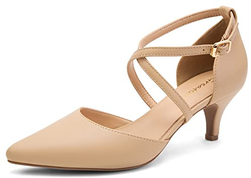 Greatonu Zapatos de tacón para Mujer con Correa en el Tobillo y tacón Gatito, Nude-P, 36 EU