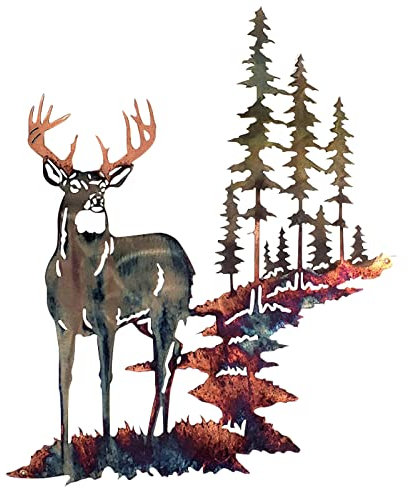 Metal Deer Wall Art - Forest Garden Wall Decor, Mountains Tree Statue for Indoor/Outdoor, Home Living Room, Bedroom Plaque