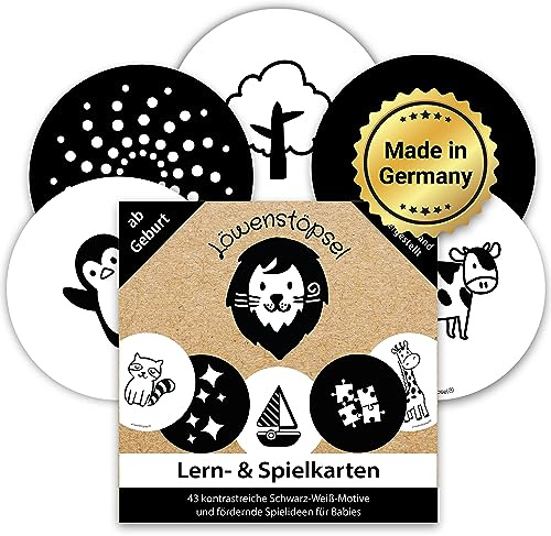 LÖWENSTÖPSEL Kontrastkarten zur spielerischen frühkindlichen Förderung, 43 Bilder in schwarz-weiß mit extra Spielideen, Baby-Spielzeug ab Geburt