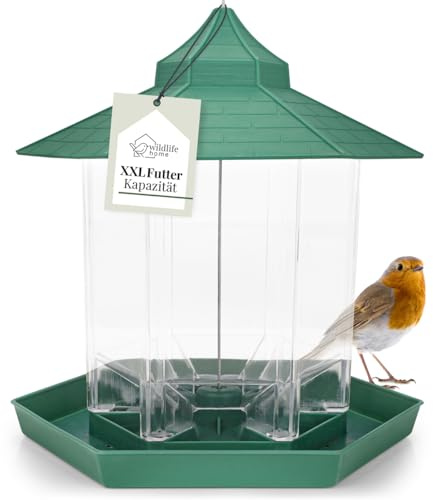 WILDLIFE HOME Mangeoire à oiseaux à suspendre XL - Lanterne d'alimentation verte - Distributeur de nourriture pour jardin et balcon - Mangeoire pour oiseaux sauvages toute l'année